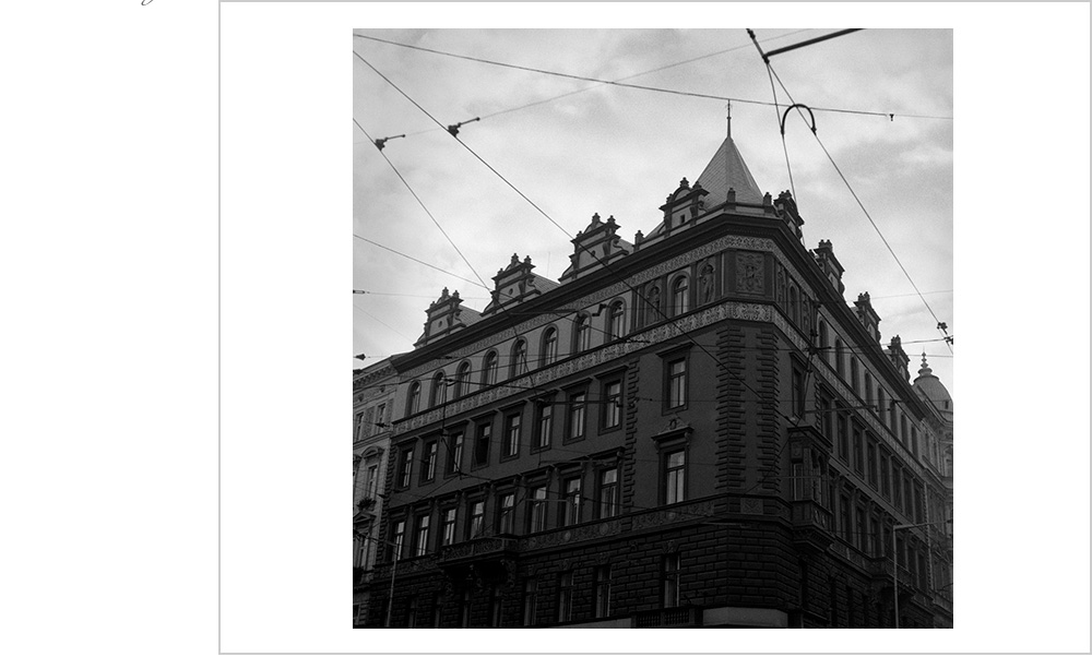 The rigid perfect placement of the windows and the wild free flowing trolley wires made this the more interesting corner of the intersection in historic Prague.