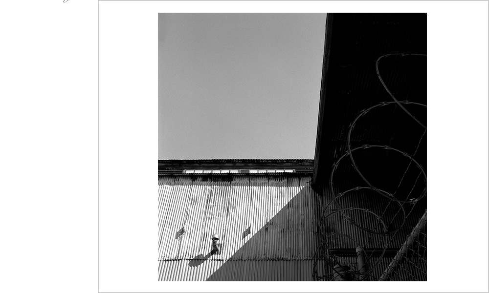 The razor wire says keep away, but that delicious, sun-kissed corregated metal and all those repeating patterns says come on in.