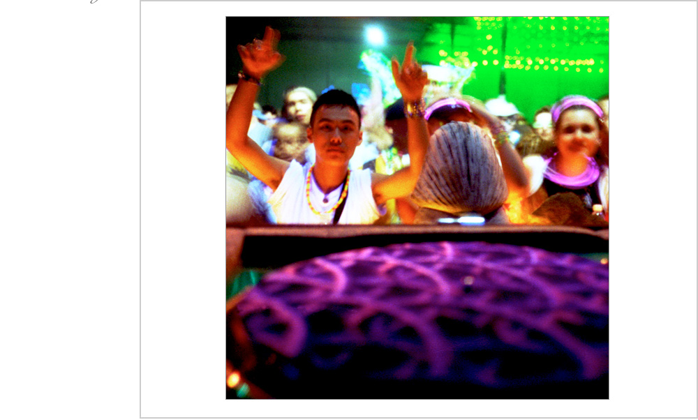 Turntable artistry at an underground rave in Oakland, California, 1999.